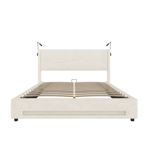 Cama estofada 140x200 cm - 2 luzes de leitura, armazenamento hidráulico, USB, estrutura estável, alta capacidade - Bege