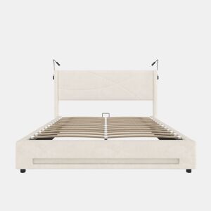 Cama estofada 140x200 cm - 2 luzes de leitura, armazenamento hidráulico, USB, estrutura estável, alta capacidade - Bege