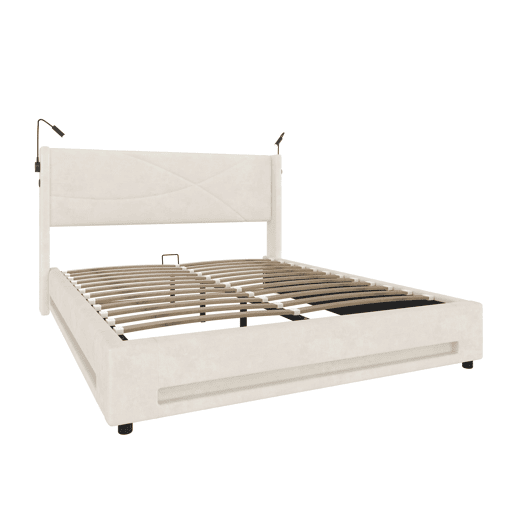 Cama estofada 140x200 cm - 2 luzes de leitura, armazenamento hidráulico, USB, estrutura estável, alta capacidade - Bege