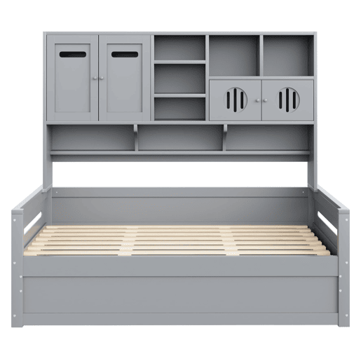 Sofá-cama de madeira 90x200 cm - Multifuncional com arrumação, cama hidráulica, cinzento Sofá-cama de madeira 90x200 cm - Multifuncional com arrumação, cama hidráulica, cinzento