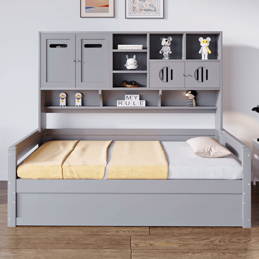 Sofá-cama de madeira 90x200 cm - Multifuncional com arrumação, cama hidráulica, cinzento Sofá-cama de madeira 90x200 cm - Multifuncional com arrumação, cama hidráulica, cinzento