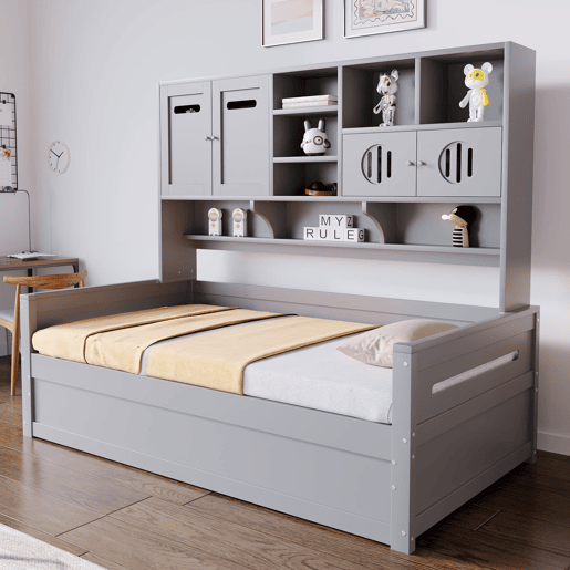 Sofá-cama de madeira 90x200 cm - Multifuncional com arrumação, cama hidráulica, cinzento Sofá-cama de madeira 90x200 cm - Multifuncional com arrumação, cama hidráulica, cinzento