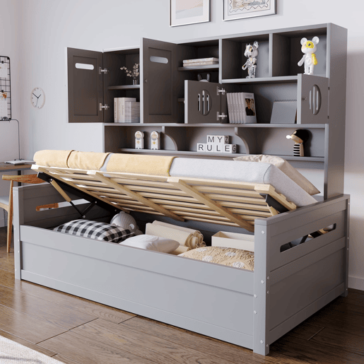 Sofá-cama de madeira 90x200 cm - Multifuncional com arrumação, cama hidráulica, cinzento Sofá-cama de madeira 90x200 cm - Multifuncional com arrumação, cama hidráulica, cinzento