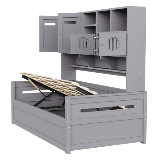 Sofá-cama de madeira 90x200 cm - Multifuncional com arrumação, cama hidráulica, cinzento Sofá-cama de madeira 90x200 cm - Multifuncional com arrumação, cama hidráulica, cinzento