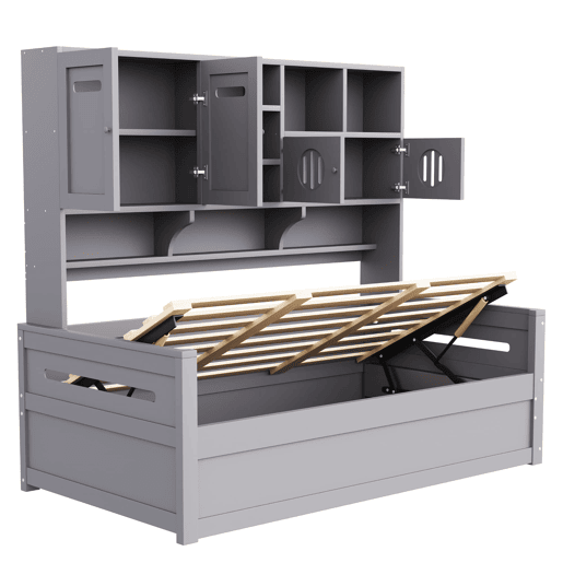Sofá-cama de madeira 90x200 cm - Multifuncional com arrumação, cama hidráulica, cinzento Sofá-cama de madeira 90x200 cm - Multifuncional com arrumação, cama hidráulica, cinzento