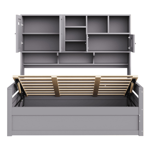 Sofá-cama de madeira 90x200 cm - Multifuncional com arrumação, cama hidráulica, cinzento Sofá-cama de madeira 90x200 cm - Multifuncional com arrumação, cama hidráulica, cinzento