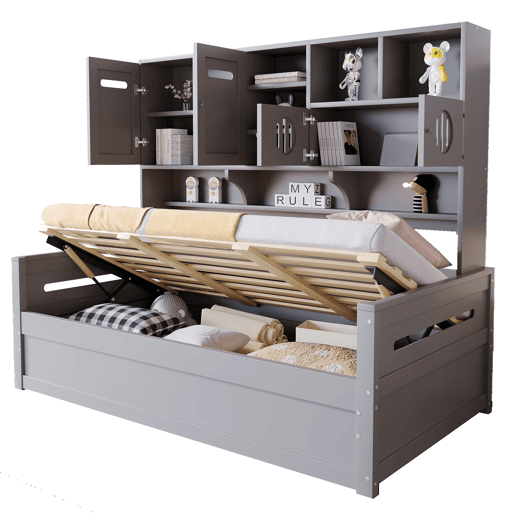 Sofá-cama de madeira 90x200 cm - Multifuncional com arrumação, cama hidráulica, cinzento Sofá-cama de madeira 90x200 cm - Multifuncional com arrumação, cama hidráulica, cinzento