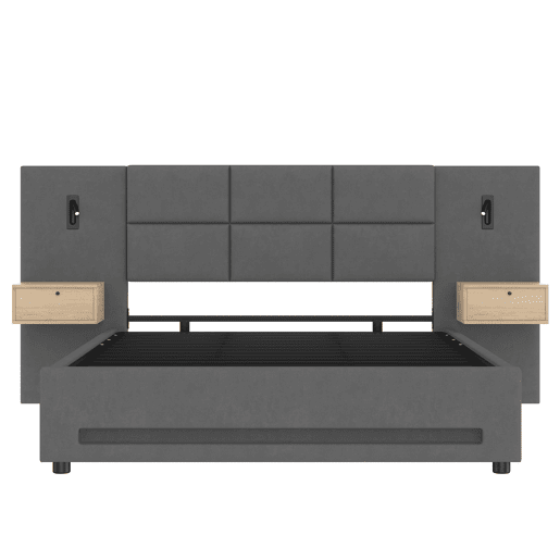 Cama estofada 180x200 cm - Cabeceira em veludo, gavetas de arrumação, luz LED, portas USB-C, estrutura metálica - Cinza escuro