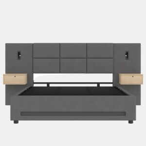 Cama estofada 180x200 cm - Cabeceira em veludo, gavetas de arrumação, luz LED, portas USB-C, estrutura metálica - Cinza escuro