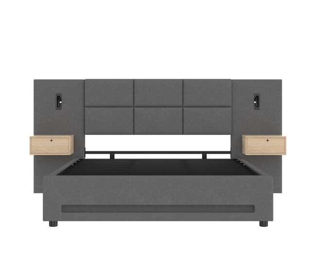 Cama tapizada 180x200cm - cabecero de terciopelo, cajones de almacenamiento, luz led, puertos usb-c, estructura metálica - gris oscuro