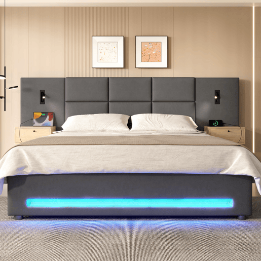 Cama estofada 180x200 cm - Cabeceira em veludo, gavetas de arrumação, luz LED, portas USB-C, estrutura metálica - Cinza escuro