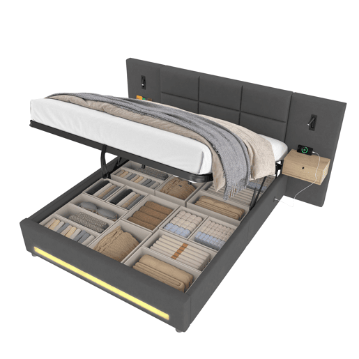 Cama estofada 180x200 cm - Cabeceira em veludo, gavetas de arrumação, luz LED, portas USB-C, estrutura metálica - Cinza escuro