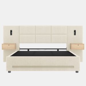 Cama estofada europeia 180x200cm - Cabeceira em veludo bege, gavetas de arrumação, luz LED, portas USB-C, arrumação hidráulica, estrutura metálica