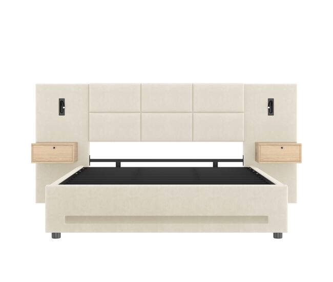 Cama tapizada europea 180x200cm - cabecera de terciopelo beige, cajones de almacenamiento, luz led, puertos usb-c, almacenamiento hidráulico,