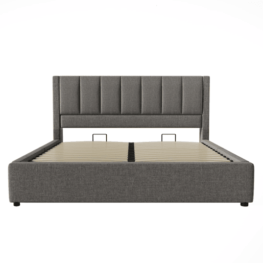 Cama estofada 140x200 cm - Com arrumação, suporte para bebidas e estação de carregamento - Cinza Cama estofada 140x200 cm - Com arrumação, suporte para bebidas e estação de carregamento - Cinza