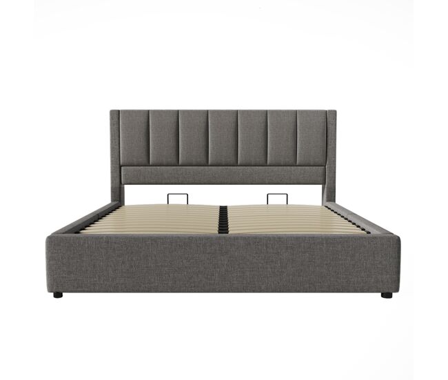 Cama tapizada 140x200 cm - con almacenamiento, soporte para bebida y estación de carga - gris