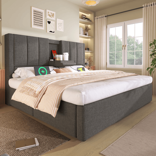 Cama estofada 140x200 cm - Com arrumação, suporte para bebidas e estação de carregamento - Cinza Cama estofada 140x200 cm - Com arrumação, suporte para bebidas e estação de carregamento - Cinza