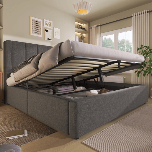 Cama estofada 140x200 cm - Com arrumação, suporte para bebidas e estação de carregamento - Cinza Cama estofada 140x200 cm - Com arrumação, suporte para bebidas e estação de carregamento - Cinza