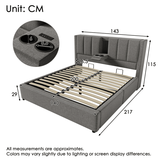 Cama estofada 140x200 cm - Com arrumação, suporte para bebidas e estação de carregamento - Cinza Cama estofada 140x200 cm - Com arrumação, suporte para bebidas e estação de carregamento - Cinza