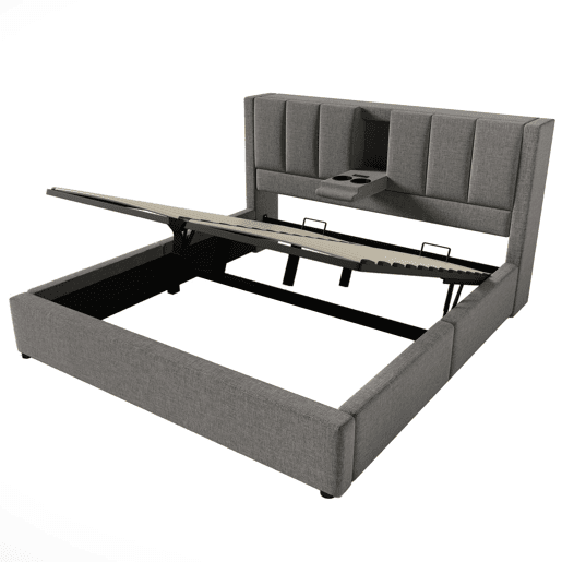 Cama estofada 140x200 cm - Com arrumação, suporte para bebidas e estação de carregamento - Cinza Cama estofada 140x200 cm - Com arrumação, suporte para bebidas e estação de carregamento - Cinza