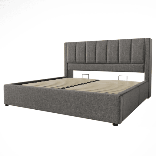 Cama estofada 140x200 cm - Com arrumação, suporte para bebidas e estação de carregamento - Cinza Cama estofada 140x200 cm - Com arrumação, suporte para bebidas e estação de carregamento - Cinza
