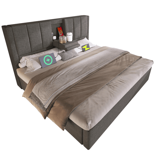 Cama estofada 140x200 cm - Com arrumação, suporte para bebidas e estação de carregamento - Cinza Cama estofada 140x200 cm - Com arrumação, suporte para bebidas e estação de carregamento - Cinza