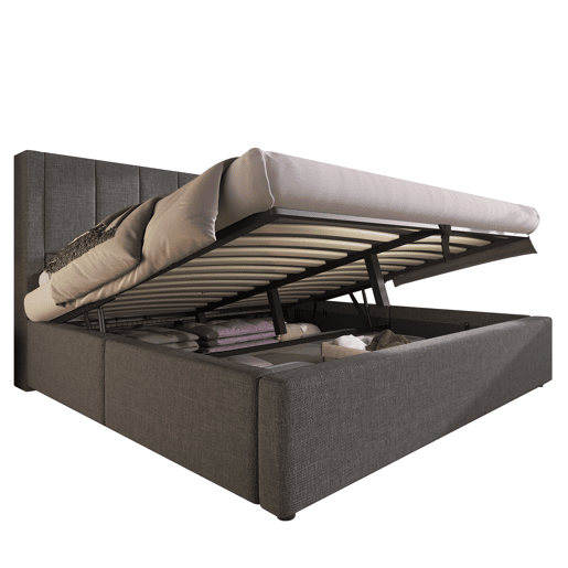 Cama estofada 140x200 cm - Com arrumação, suporte para bebidas e estação de carregamento - Cinza Cama estofada 140x200 cm - Com arrumação, suporte para bebidas e estação de carregamento - Cinza