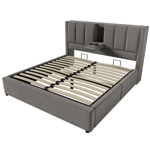 Cama estofada 140x200 cm - Com arrumação, suporte para bebidas e estação de carregamento - Cinza Cama estofada 140x200 cm - Com arrumação, suporte para bebidas e estação de carregamento - Cinza