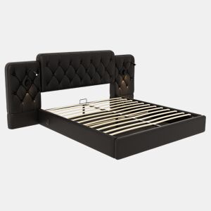 Cama estofada 180x200 cm - com luz LED, USB, armazenamento hidráulico, cabeceira longa - Preto