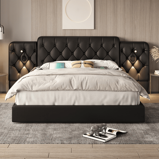 Cama estofada 180x200 cm - com luz LED, USB, armazenamento hidráulico, cabeceira longa - Preto