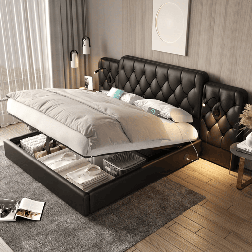 Cama estofada 180x200 cm - com luz LED, USB, armazenamento hidráulico, cabeceira longa - Preto