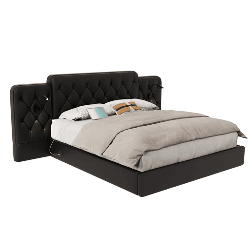 Cama estofada 180x200 cm - com luz LED, USB, armazenamento hidráulico, cabeceira longa - Preto