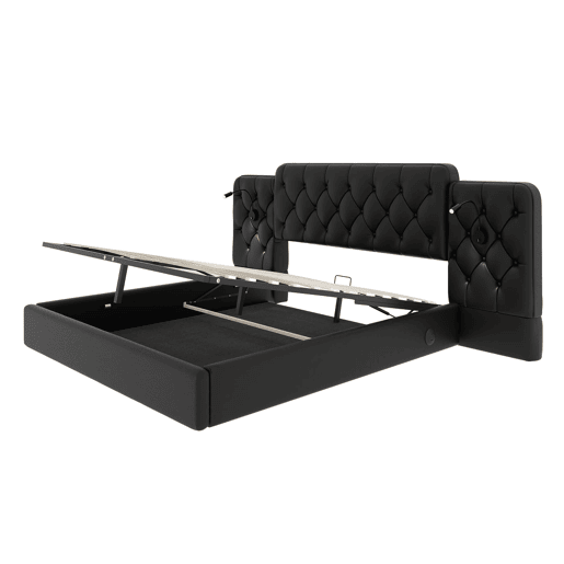 Cama estofada 180x200 cm - com luz LED, USB, armazenamento hidráulico, cabeceira longa - Preto