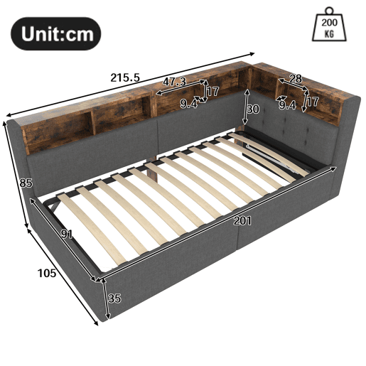 Cama de dia 90x200 cm - Com portas USB e Tipo-C, armazenamento hidráulico, iluminação LED, cinza
