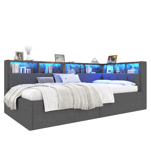 Cama de dia 90x200 cm - Com portas USB e Tipo-C, armazenamento hidráulico, iluminação LED, cinza