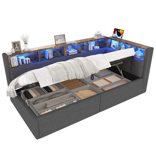 Cama de dia 90x200 cm - Com portas USB e Tipo-C, armazenamento hidráulico, iluminação LED, cinza