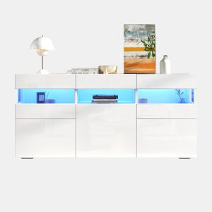 Aparador 140x40,5x66,5 cm - 3 portas, com LED, 7 prateleiras, branco