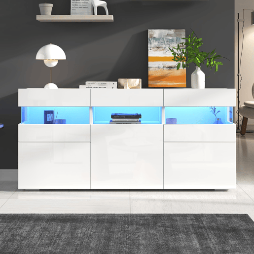 Aparador 140x40,5x66,5 cm - 3 portas, com LED, 7 prateleiras, branco