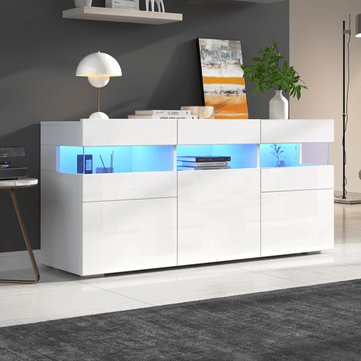 Aparador 140x40,5x66,5 cm - 3 portas, com LED, 7 prateleiras, branco