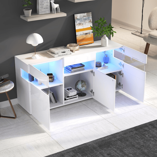 Aparador 140x40,5x66,5 cm - 3 portas, com LED, 7 prateleiras, branco