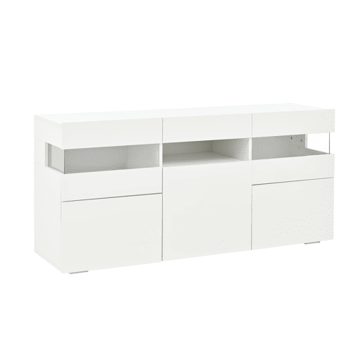 Aparador 140x40,5x66,5 cm - 3 portas, com LED, 7 prateleiras, branco