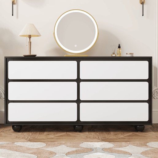 Cômoda 140x38x74,5 cm - Com seis gavetas, design moderno - Branco e preto