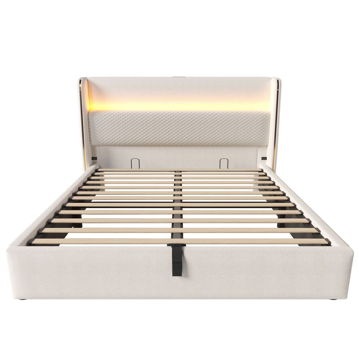 Cama hidráulica 160x200 cm - con led, almacenamiento, puertos usb/type-c - beige
