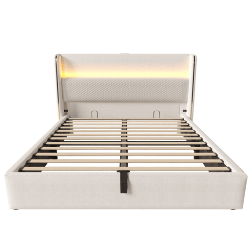 Cama hidráulica 160x200 cm - Com LED, armazenamento, portas USBType-C - Bege Cama hidráulica 160x200 cm - Com LED, armazenamento, portas USBType-C - Bege