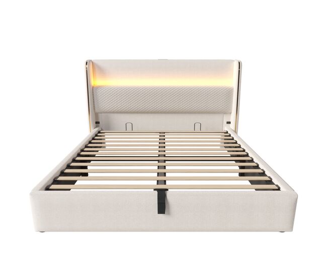 Cama hidráulica 160x200 cm - con led, almacenamiento, puertos usb/type-c - beige