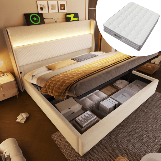 Cama hidráulica 160x200 cm - Com LED, armazenamento, portas USBType-C - Bege Cama hidráulica 160x200 cm - Com LED, armazenamento, portas USBType-C - Bege