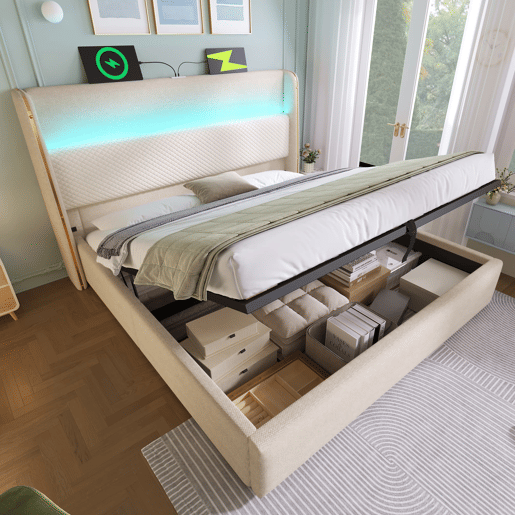 Cama hidráulica 160x200 cm - Com LED, armazenamento, portas USBType-C - Bege Cama hidráulica 160x200 cm - Com LED, armazenamento, portas USBType-C - Bege