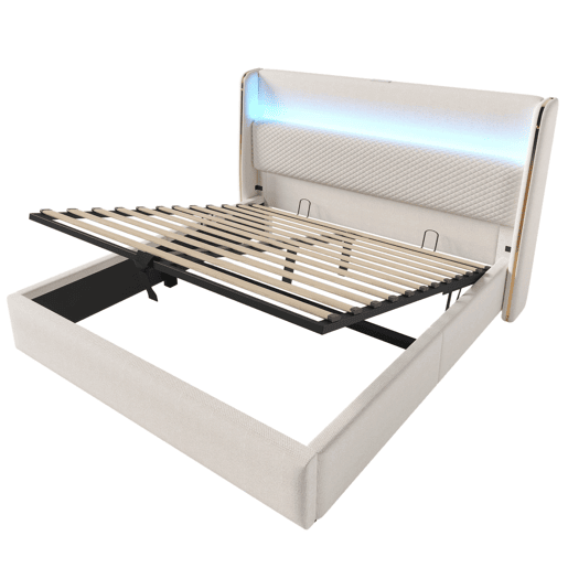 Cama hidráulica 160x200 cm - Com LED, armazenamento, portas USBType-C - Bege Cama hidráulica 160x200 cm - Com LED, armazenamento, portas USBType-C - Bege