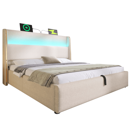 Cama hidráulica 160x200 cm - Com LED, armazenamento, portas USBType-C - Bege Cama hidráulica 160x200 cm - Com LED, armazenamento, portas USBType-C - Bege