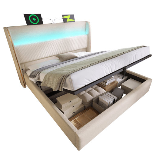 Cama hidráulica 160x200 cm - Com LED, armazenamento, portas USBType-C - Bege Cama hidráulica 160x200 cm - Com LED, armazenamento, portas USBType-C - Bege